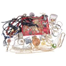 Various costume jewellery, including sterling silver and enamel butterfly brooch, pearl necklaces
