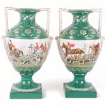 A pair of 2-handled ceramic vases, with hunting scene transfer printed decoration, H37cm