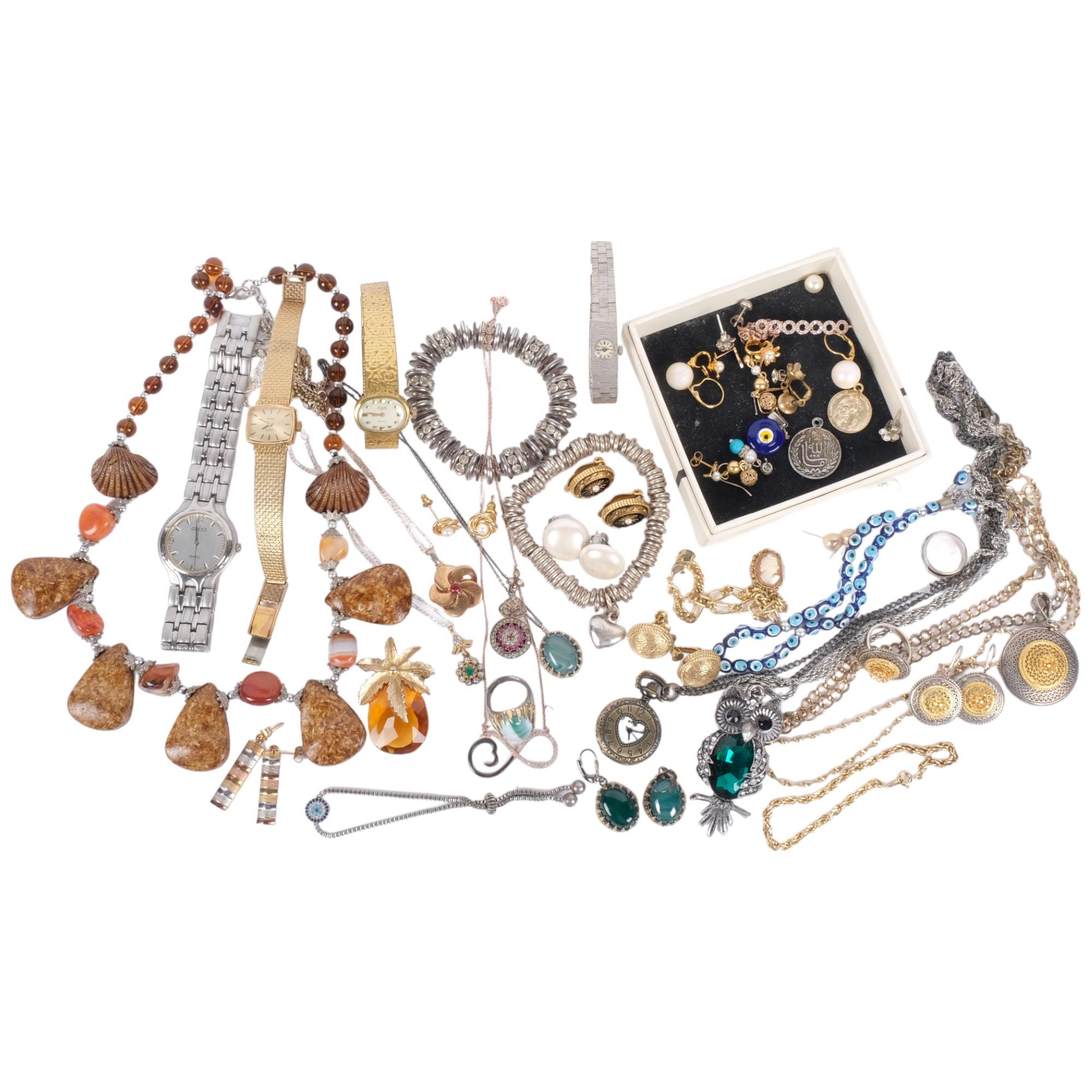 Various silver and costume jewellery, including modern cubic zirconia pendant necklaces,