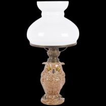 William Whiteley, France, a ceramic owl lamp base with glass eyes, and opaline shade, overall height