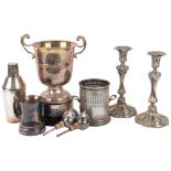 Various silver plate, including large 2-handled trophy cup, cocktail shaker, candlesticks etc