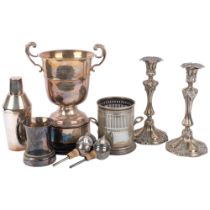 Various silver plate, including large 2-handled trophy cup, cocktail shaker, candlesticks etc