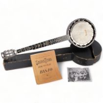 A 5-string banjo, with inlaid mother-of-pearl decoration, in associated Vintage hardshell carry