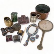 A brass horse's hoof inkwell, enamelled hand mirror and boxes, plastic desk stand, copper pot marked