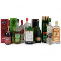 Various bottles of spirits, including Remy Martin, and Martell Cognac