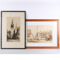 Fred Farrell, study of a church, and Jim Moya sepia watercolour, figures at a boatyard, framed, 58cm