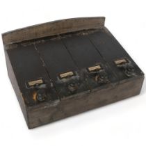 Vintage French stained wood table-top sectioned cutlery box, with labels and some cutlery, 39.5cm