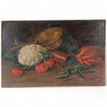 A pair of Antique unframed oils on canvas, still life cauliflower and copper pans, and fruit and