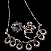 HERMANN SIERSBOL - a Vintage Danish stylised sterling silver and paste demi-parure, comprising