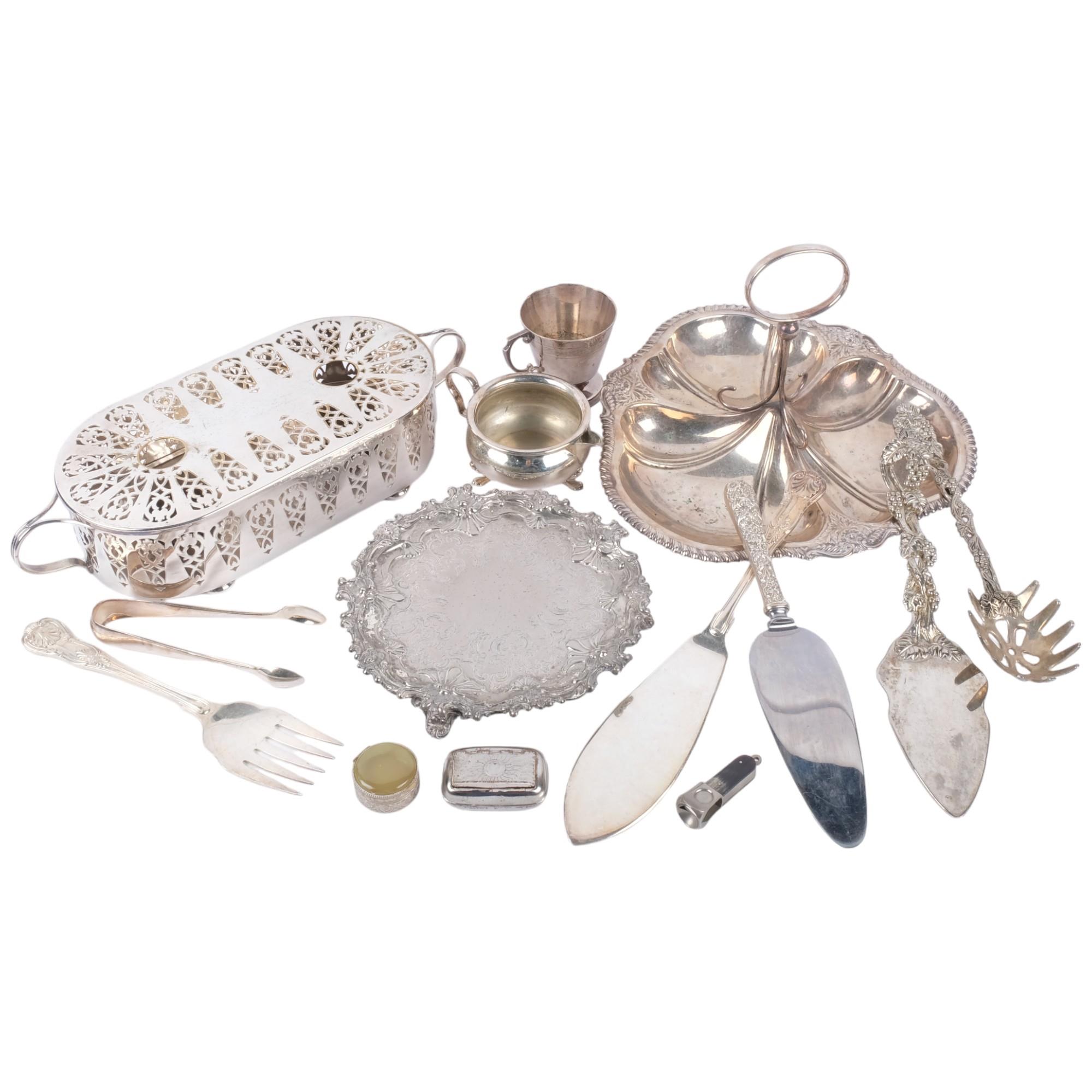 A quantity of silver plate, including hors d'oeuvres dish, table centre hot plate, salver, etc