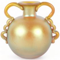 WMF - An early 20th century Myra-krystall 2 handled globular glass vase with gold and purple