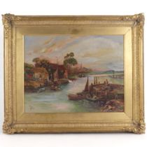 Oil painting, moored boats riverside buildings and figures, signed Alfred Penn, 1916, in Vintage