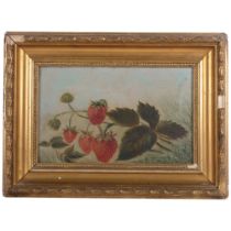 An oil on board, strawberry plant, in a lovely ornate giltwood frame, unsigned, 44cm x 32cm