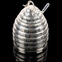 A modern novelty silver plated beehive honey pot and spoon, H12cm