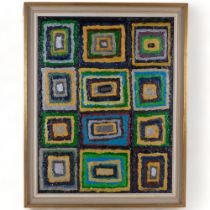 Carol Madison, acrylics on board, abstract geometric study, framed, 78cm x 62cm overall