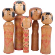 A group of 5 painted wood Kokeshi dolls, tallest 42.5cm