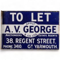 A Victorian blue and white enamel double-sided sign "To Let apply A.V. George & Company Ltd", with