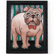 Carol Madison, acrylics on board, study of an English Bulldog, in embossed frame, 68cm x 53.5cm