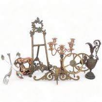 Vintage cast-brass picture easel, 55cm, a silver plate on copper 4-branch candelabrum, copper