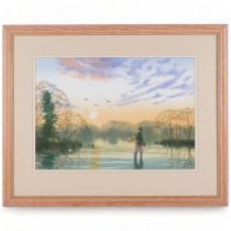 Watercolour, angler and birds on a sunlit lake, indistinctly signed, framed, 52cm x 65cm overall