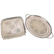 An early 20th century silver plated oval 2-handled tea tray, and a silver plated square salver,