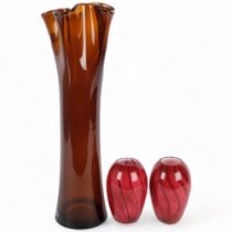 A pair of Mtarfa ovoid glass vases, and a tall amber glass vase with crimpled edge, H49cm