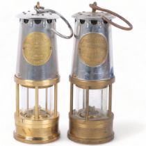 2 miner's lamps "The Protector number Type 1A", with brass mounts, height overall 24.5cm