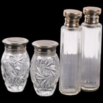 Pair of tall cut-glass jars with hallmarked silver tops, height 14cm, and a pair of smaller glass