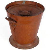 Antique wood-effect metal slop bucket and cover, with cast-iron handles, marked Perp & Co, H29cm