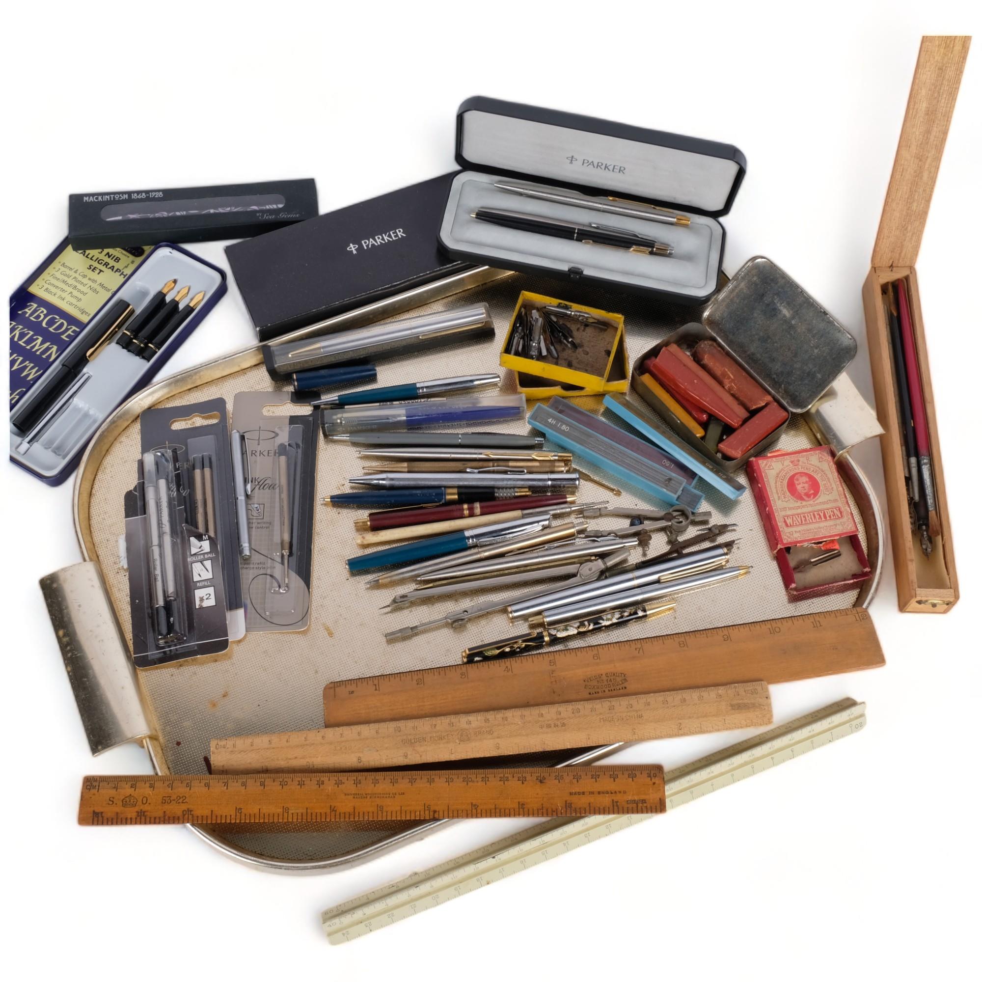 Fountain pens, ballpoint pens, drawing instruments, etc