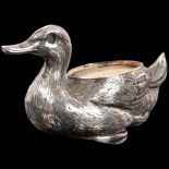 An Edwardian novelty silver figural duck pin cushion, Sydney & Co, Birmingham 1906, reg. no. 473818,