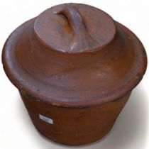 Antique glazed terracotta crock and cover, 34cm across