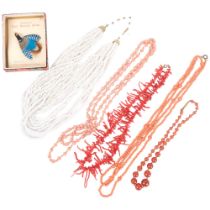 Coral necklace, glass bead necklaces, Athole real Scottish plume blue jay feather brooch, etc