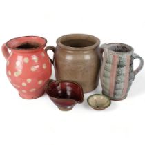 A glazed terracotta jug signed Rob Bib, 23cm, 2-handled stoneware pot, etc