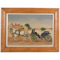 Oil on board, depicting a white Shire horse with a Victorian horse-drawn carriage, waiting outside a
