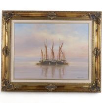 Morris Coveney, oil on canvas, 3 moored sailing ships, in ornate gilt frame, 65cm x 80cm