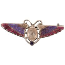 CHARLES HORNER - an Art Nouveau Egyptian Revival silver and enamel winged scarab beetle brooch,