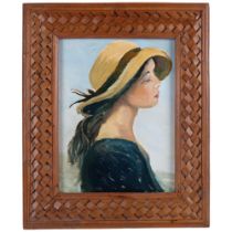 Clive Fredriksson, a framed oil on board, woman by the sea in a sun hat, unsigned, 60cm x 50cm