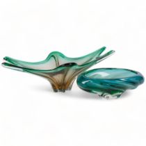 A free-form green Art glass vase, L48cm, and a Bohemian glass bowl