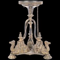 An English Archaeological Revival silver plated 'Egyptian Camel' table centre epergne base, probably