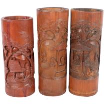 3 Japanese carved bamboo brush pots, with house and sailing boat designs, tallest 28cm