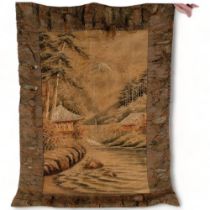 An Antique silk wall hanging of Mount Fuji, with associated wooden rail, 110cm x 80cm Good overall