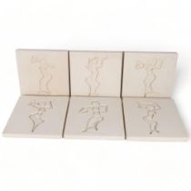 A set of 6 intaglio carved limestone panels, depicting Legong dance poses, taken from the drawings
