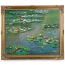 K Nates, gilt-framed oil on canvas, waterlilies, 60cm x 70cm