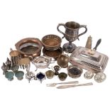 Various silver plate, including wine bottle coasters, trophy cup, cruets, etc