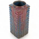 A square Oriental stoneware vase, with blue and red glaze, 23cm