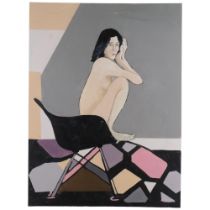 Clive Fredriksson, unframed oil on canvas, study of a girl on a chair, 80cm x 60cm