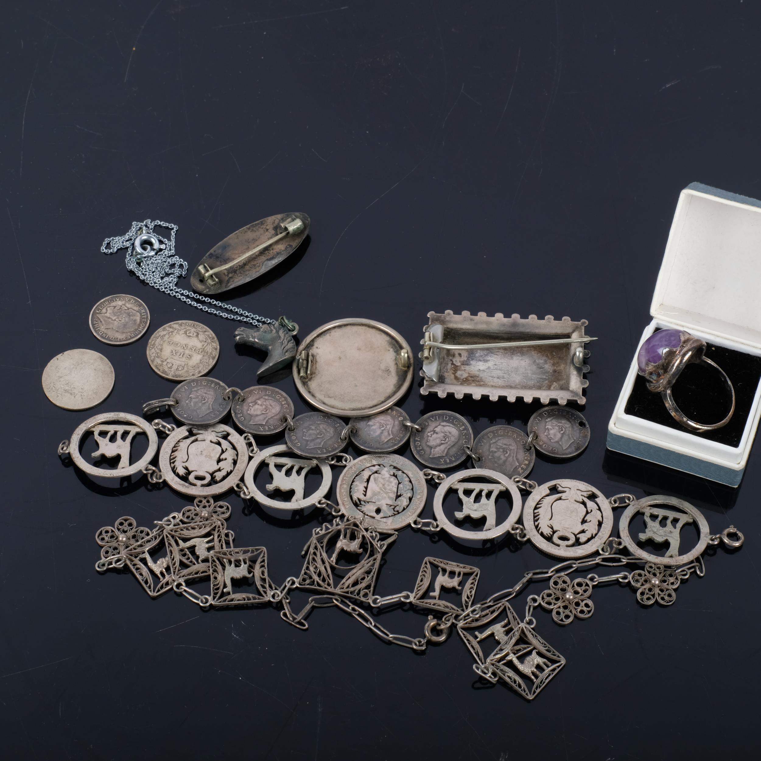 Various silver jewellery, including Victorian Aesthetic bird brooch, amethyst ring, blue enamel baby - Image 2 of 2