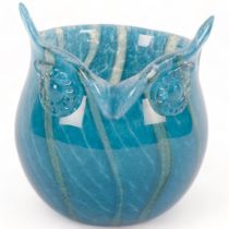 A mid-century Art glass vase in the form of an owl, turquoise blue colour, H15cm