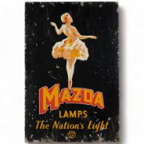 Vintage double-sided printed metal sign, advertising Mazda Lamps, illustrated by a dancing girl,